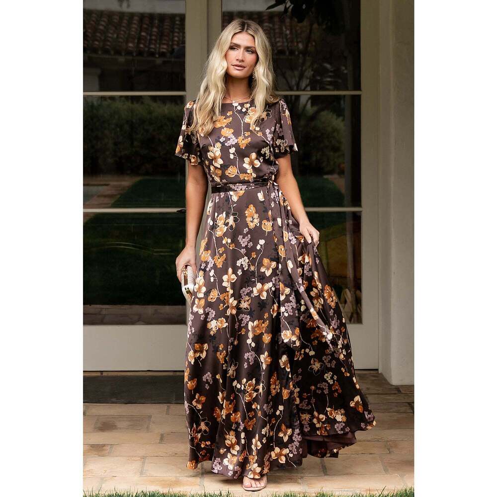 Baltic Born Agnes Satin Maxi Dress | Brown Floral Size 2XL2XL